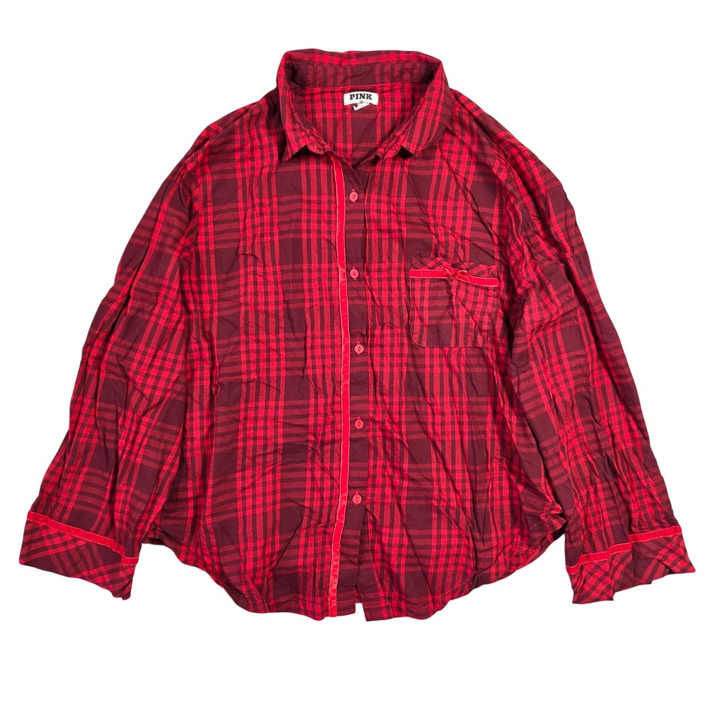 PINK Victoria's Secret Plaid Pajama Shirt Red Button Up Sleepwear Women S Lounge